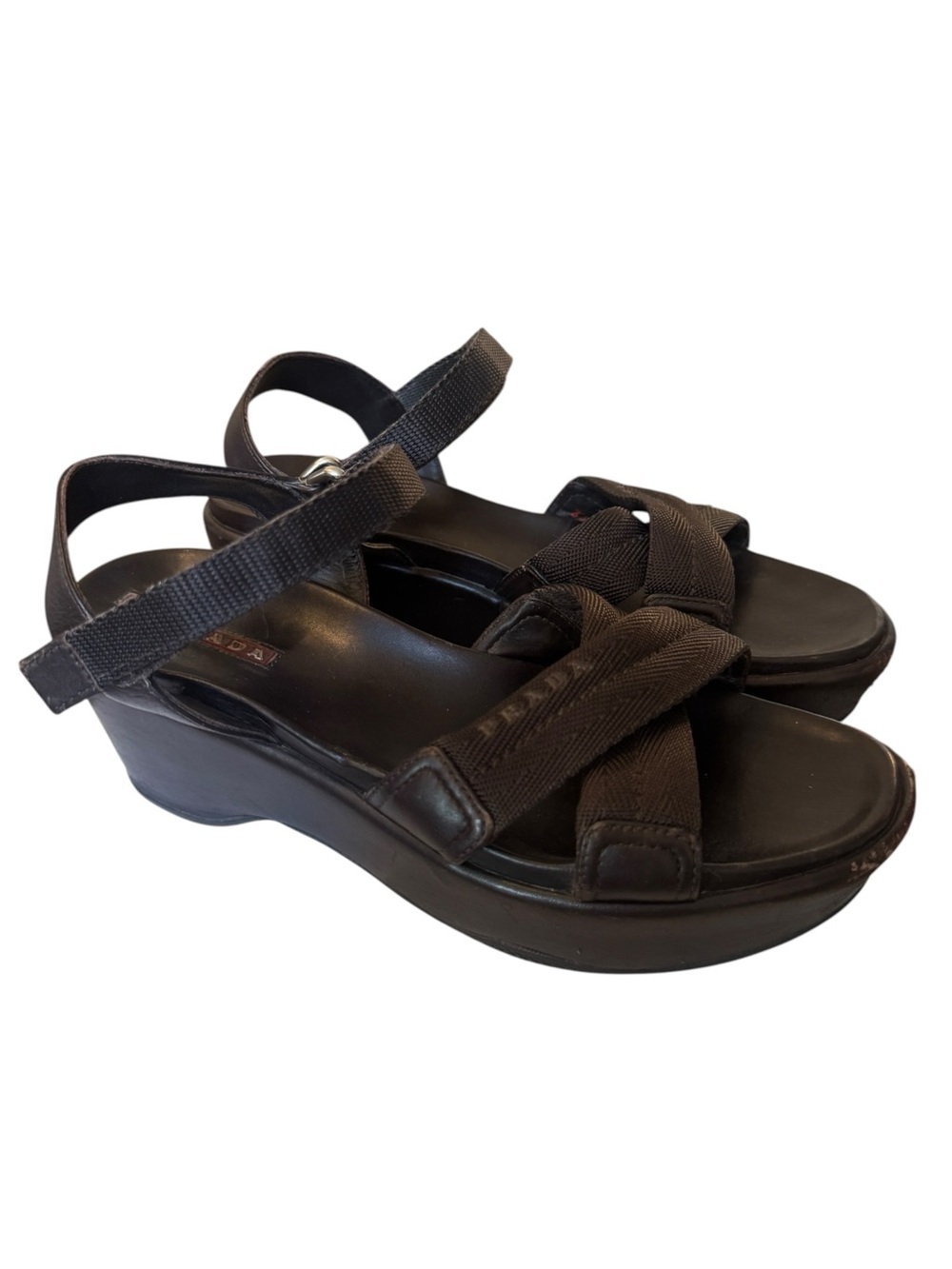 Prada Vintage Y2K Logo Platform Sport Sandals, Moro Brown, Size 36.5 (6.5)